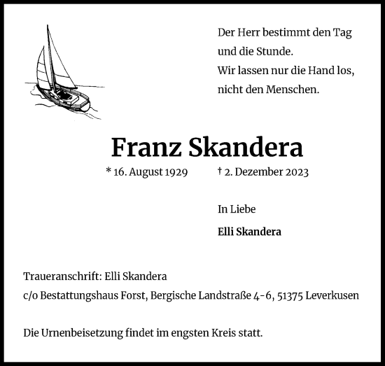 Anzeige von Franz Skandera von Kölner Stadt-Anzeiger / Kölnische Rundschau / Express