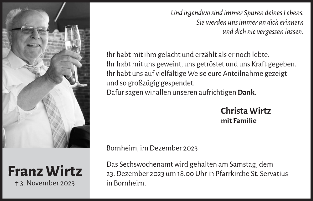  Traueranzeige für Franz Wirtz vom 15.12.2023 aus  Schaufenster/Blickpunkt 