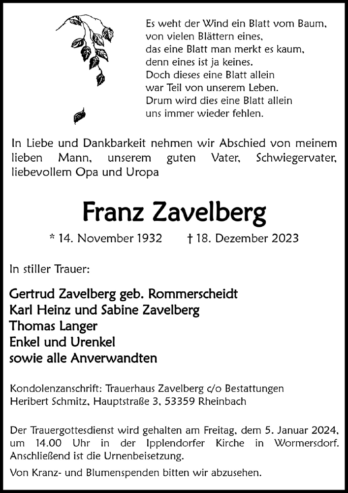  Traueranzeige für Franz Zavelberg vom 29.12.2023 aus  Schaufenster/Blickpunkt 