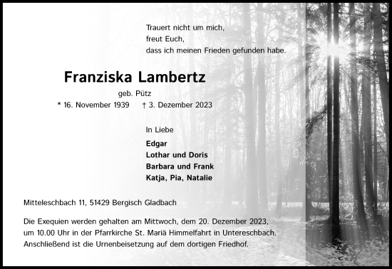 Anzeige von Franziska Lambertz von Kölner Stadt-Anzeiger / Kölnische Rundschau / Express