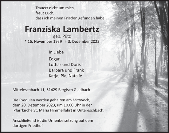Anzeige von Franziska Lambertz von  Bergisches Handelsblatt  Anzeigen Echo 