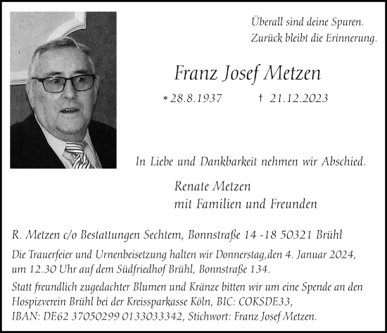 Anzeige von Franz Josef Metzen von  Schlossbote/Werbekurier 