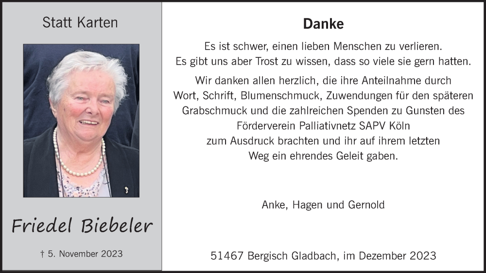  Traueranzeige für Friedel Biebeler vom 16.12.2023 aus Kölner Stadt-Anzeiger / Kölnische Rundschau / Express