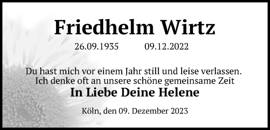 Anzeige von Friedhelm Wirtz von Kölner Stadt-Anzeiger / Kölnische Rundschau / Express