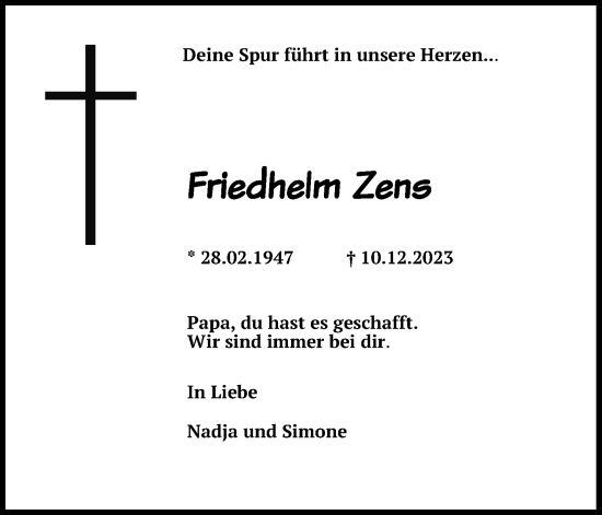 Anzeige von Friedhelm Zens von Kölner Stadt-Anzeiger / Kölnische Rundschau / Express
