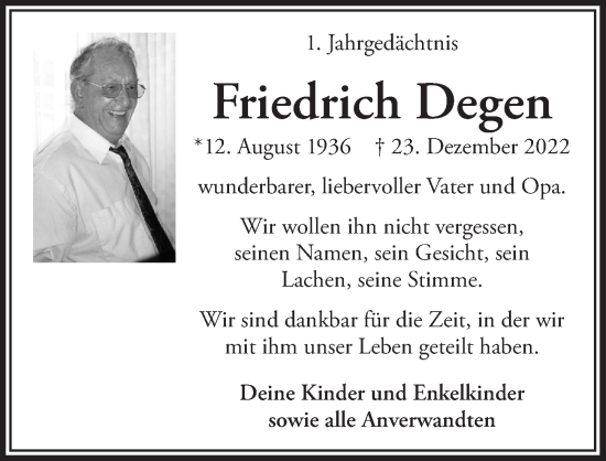 Anzeige von Friedrich Degen von  Schaufenster/Blickpunkt 