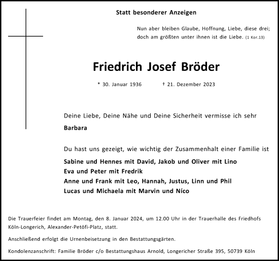 Anzeige von Friedrich Josef Bröder von Kölner Stadt-Anzeiger / Kölnische Rundschau / Express