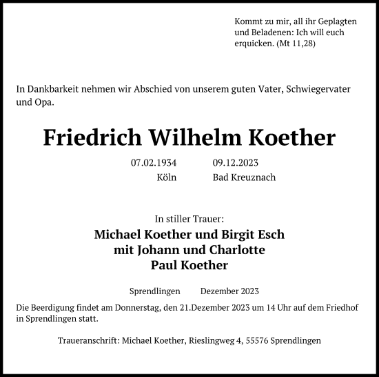 Anzeige von Friedrich Wilhelm Koether von Kölner Stadt-Anzeiger / Kölnische Rundschau / Express