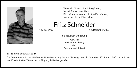 Anzeige von Fritz Schneider von Kölner Stadt-Anzeiger / Kölnische Rundschau / Express