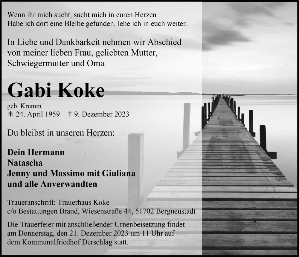  Traueranzeige für Gabi Koke vom 15.12.2023 aus  Anzeigen Echo 