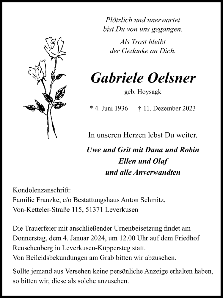  Traueranzeige für Gabriele Oelsner vom 23.12.2023 aus Kölner Stadt-Anzeiger / Kölnische Rundschau / Express
