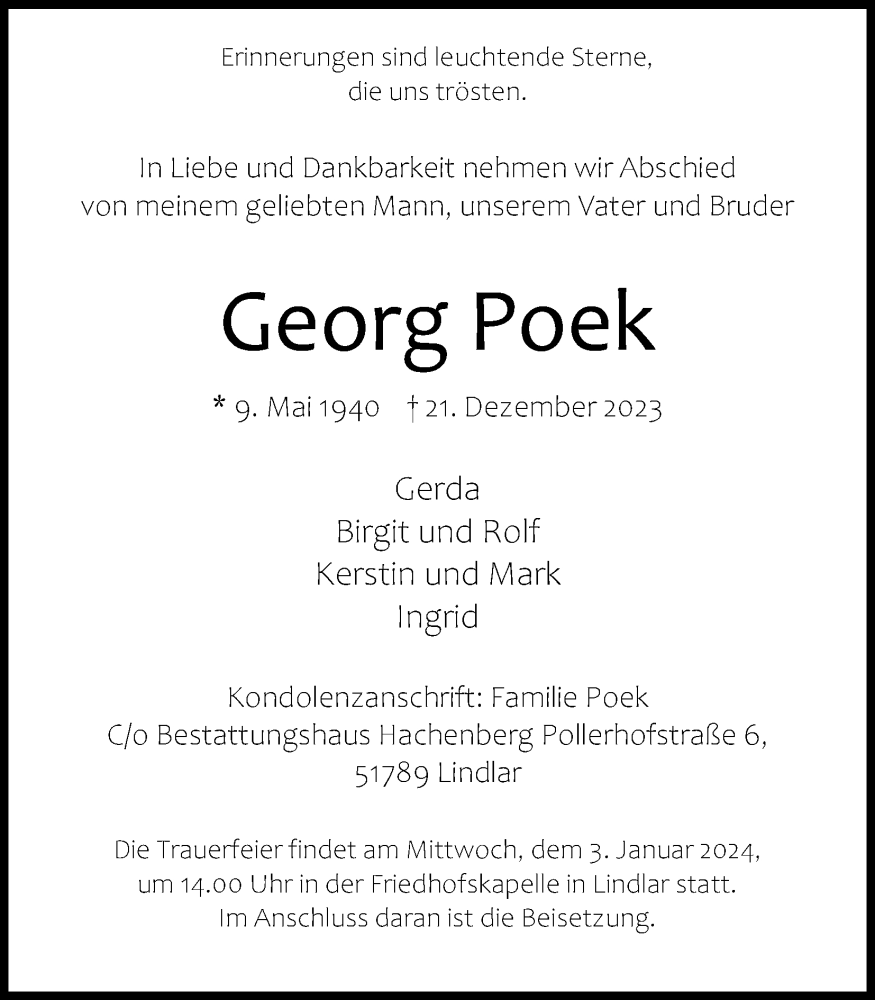  Traueranzeige für Georg Poek vom 30.12.2023 aus Kölner Stadt-Anzeiger / Kölnische Rundschau / Express