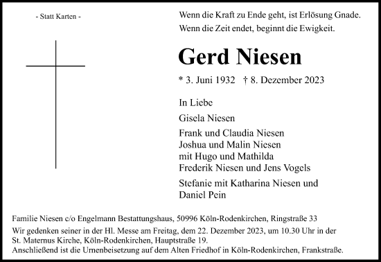 Anzeige von Gerd Niesen von Kölner Stadt-Anzeiger / Kölnische Rundschau / Express