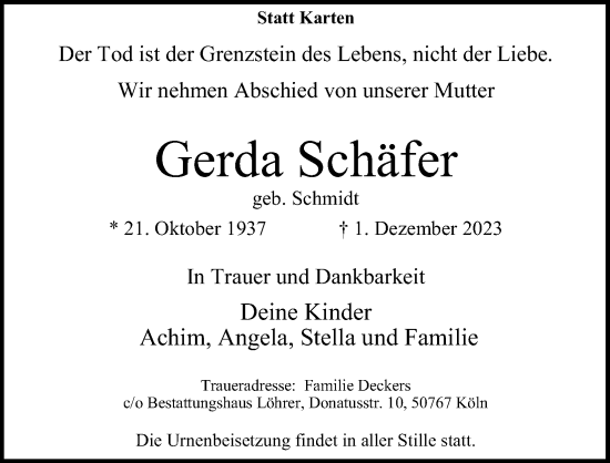 Anzeige von Gerda Schäfer von Kölner Stadt-Anzeiger / Kölnische Rundschau / Express