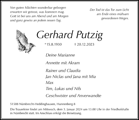 Anzeige von Gerhard Putzig von  Lokalanzeiger 
