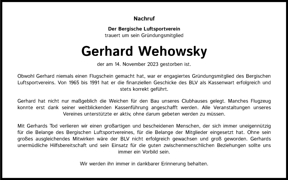  Traueranzeige für Gerhard Wehowsky vom 30.12.2023 aus Kölner Stadt-Anzeiger / Kölnische Rundschau / Express