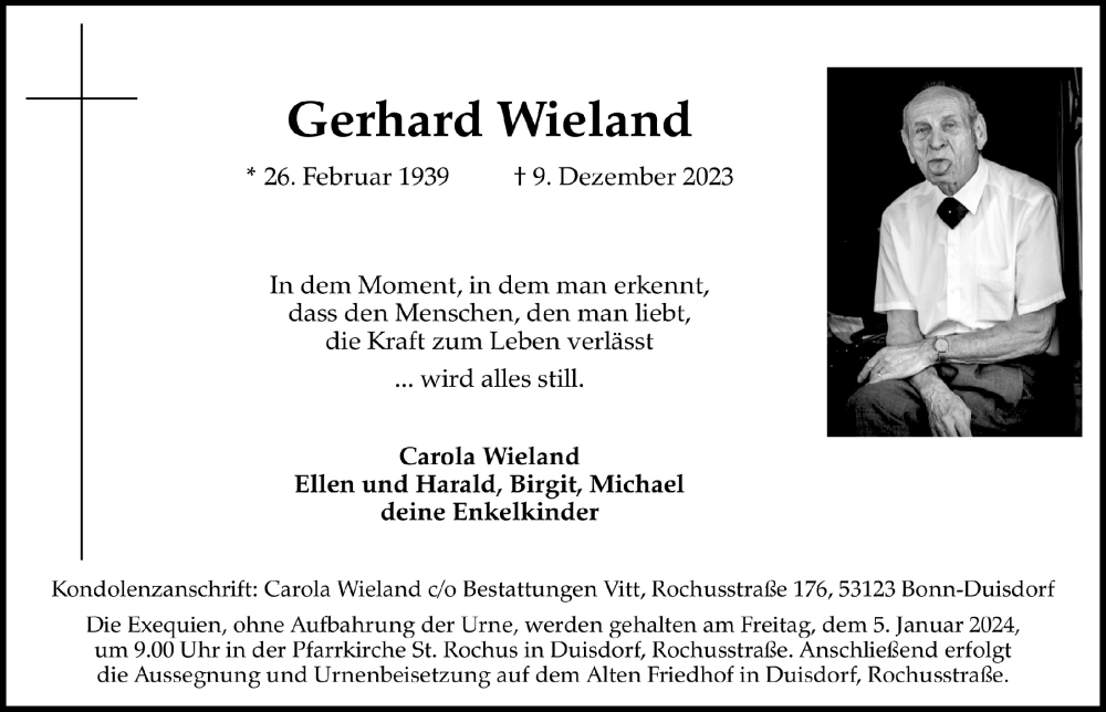  Traueranzeige für Gerhard Wieland vom 29.12.2023 aus  Schaufenster/Blickpunkt 