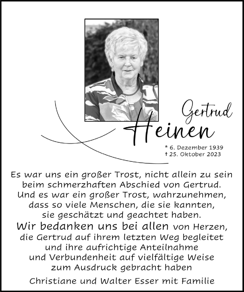  Traueranzeige für Gertrud Heinen vom 22.12.2023 aus  Werbepost 