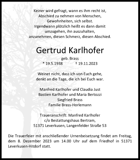 Anzeige von Gertrud Karlhofer von Kölner Stadt-Anzeiger / Kölnische Rundschau / Express