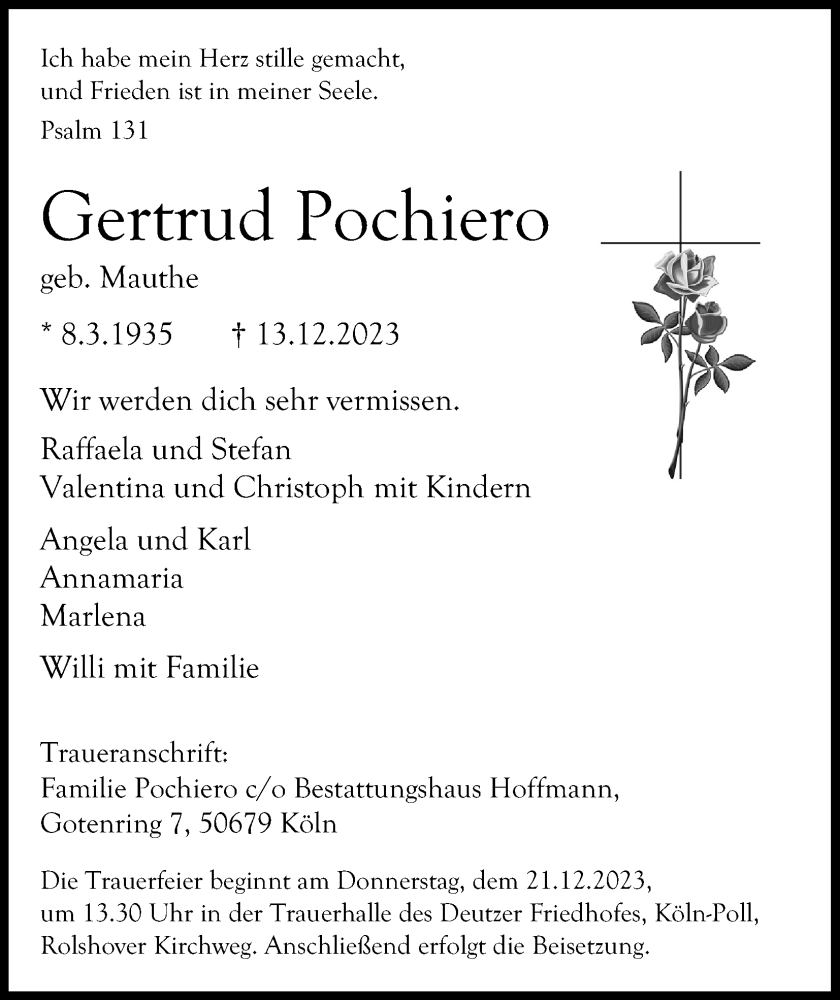 Traueranzeige für Gertrud Pochiero vom 16.12.2023 aus Kölner Stadt-Anzeiger / Kölnische Rundschau / Express