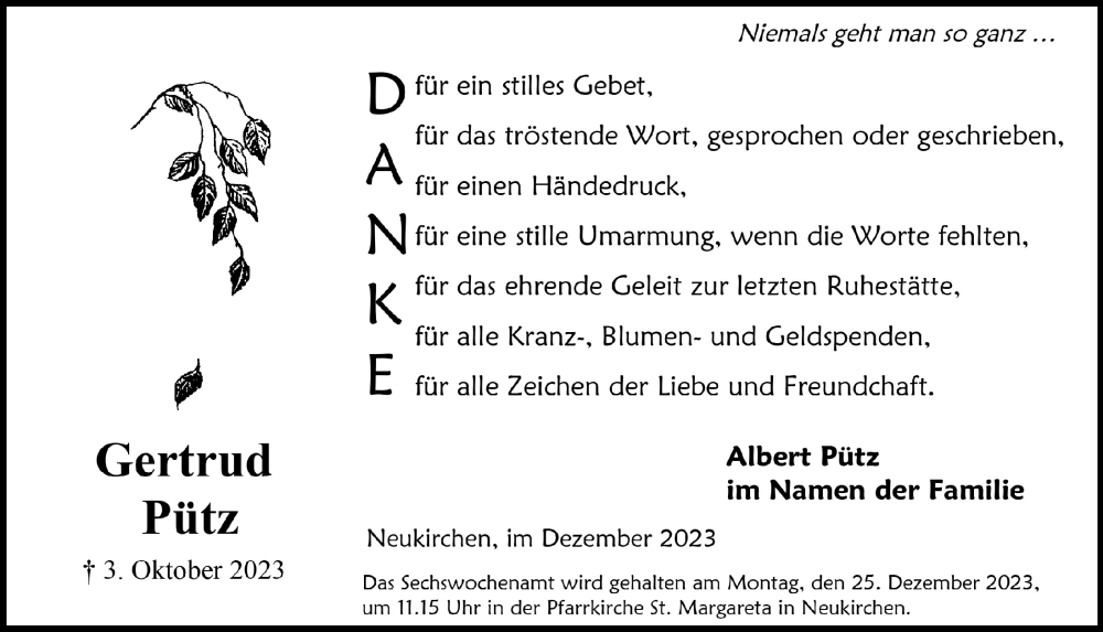  Traueranzeige für Gertrud Pütz vom 22.12.2023 aus  Schaufenster/Blickpunkt 