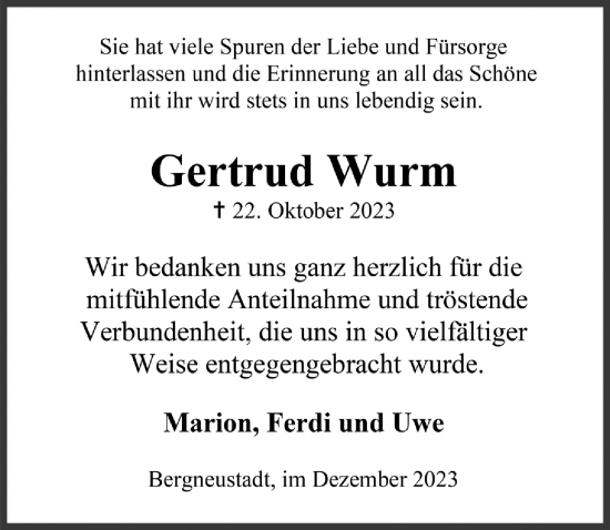 Anzeige von Gertrud Wurm von  Anzeigen Echo 