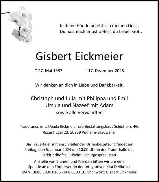 Anzeige von Gisbert Eickmeier von Kölner Stadt-Anzeiger / Kölnische Rundschau / Express