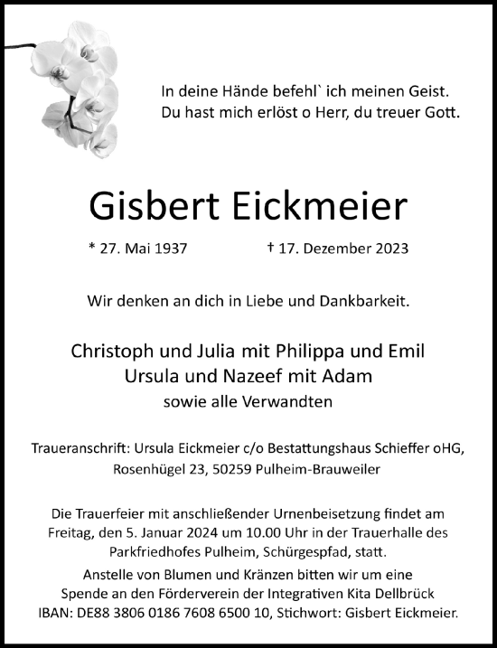 Anzeige von Gisbert Eickmeier von  Wochenende 
