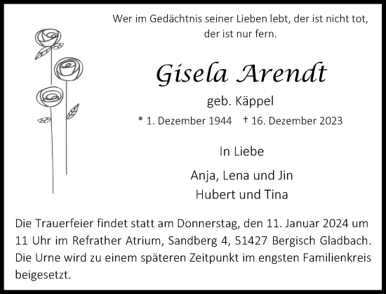 Anzeige von Gisela Arendt von Kölner Stadt-Anzeiger / Kölnische Rundschau / Express
