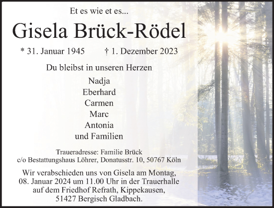 Anzeige von Gisela Brück-Rödel von Kölner Stadt-Anzeiger / Kölnische Rundschau / Express