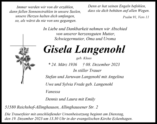 Anzeige von Gisela Langenohl von  Anzeigen Echo 