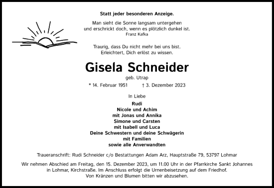 Anzeige von Gisela Schneider von Kölner Stadt-Anzeiger / Kölnische Rundschau / Express