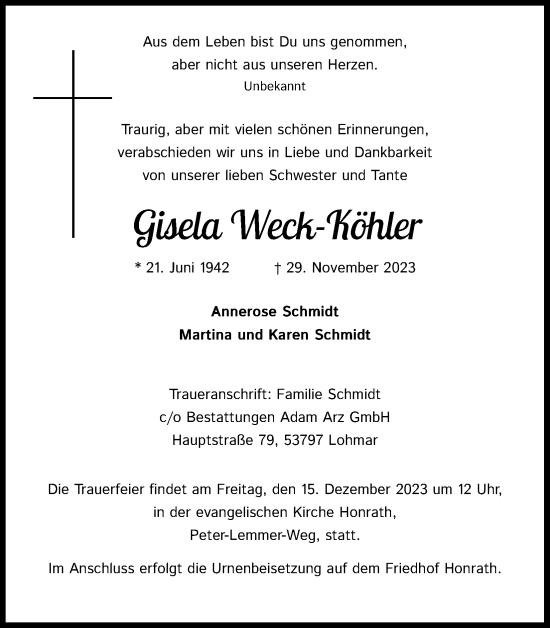Anzeige von Gisela Weck-Köhler von Kölner Stadt-Anzeiger / Kölnische Rundschau / Express