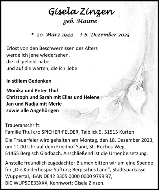 Anzeige von Gisela Zinzen von  Bergisches Handelsblatt 