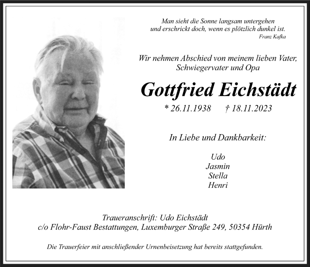 Traueranzeige für Gottfried Eichstädt vom 15.12.2023 aus  Wochenende 