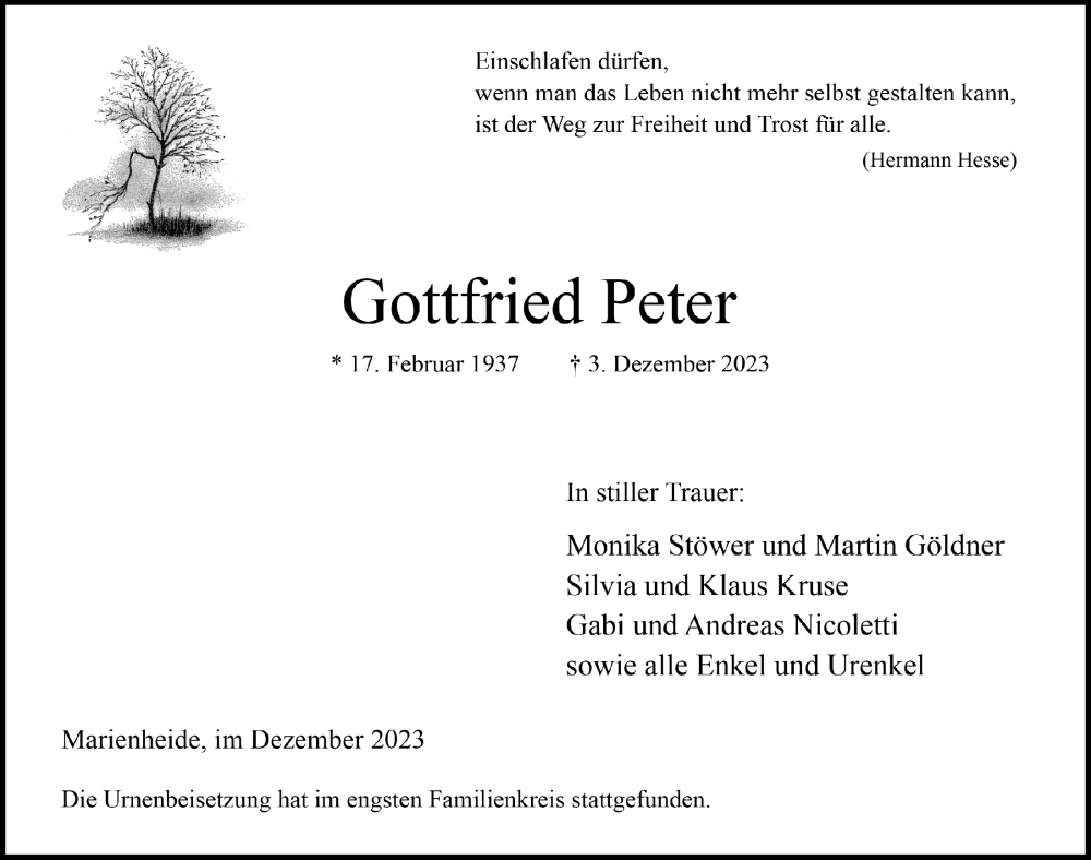  Traueranzeige für Gottfried Peter vom 15.12.2023 aus  Anzeigen Echo 