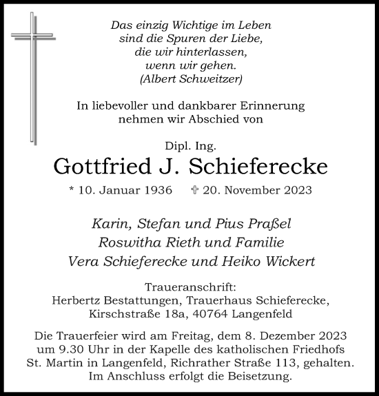 Anzeige von Gottfried J. Schieferecke von Kölner Stadt-Anzeiger / Kölnische Rundschau / Express