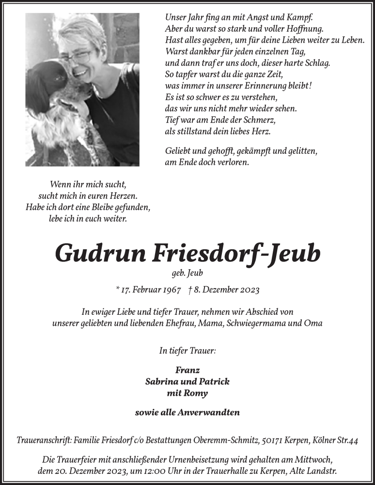  Traueranzeige für Gudrun Friesdorf-Jeub vom 15.12.2023 aus  Werbepost 