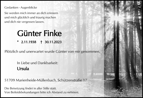 Anzeige von Günter Finke von Kölner Stadt-Anzeiger / Kölnische Rundschau / Express