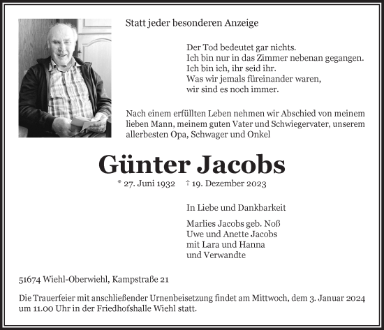 Anzeige von Günter Jacobs von  Anzeigen Echo 