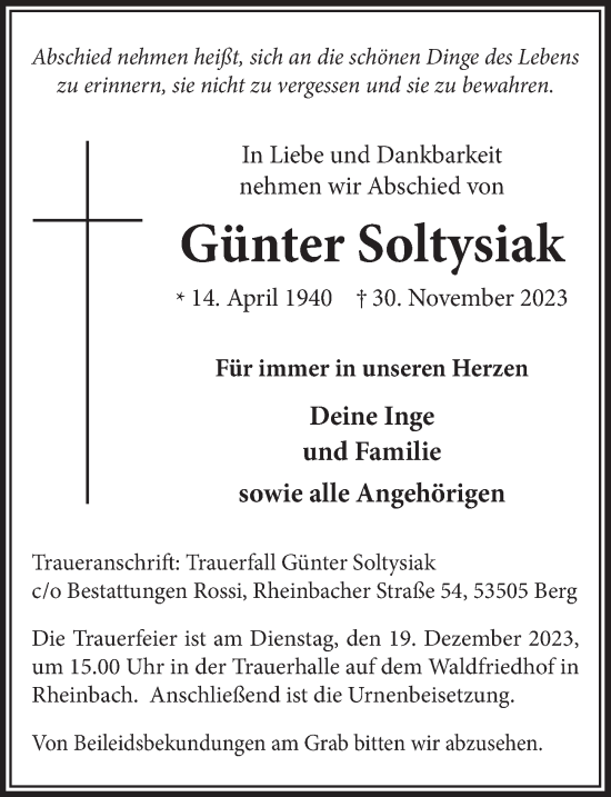 Anzeige von Günter Soltysiak von  Schaufenster/Blickpunkt 