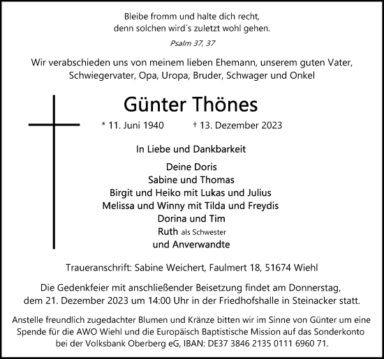 Anzeige von Günter Thönes von Kölner Stadt-Anzeiger / Kölnische Rundschau / Express