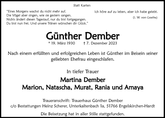 Anzeige von Günther Dember von  Anzeigen Echo 