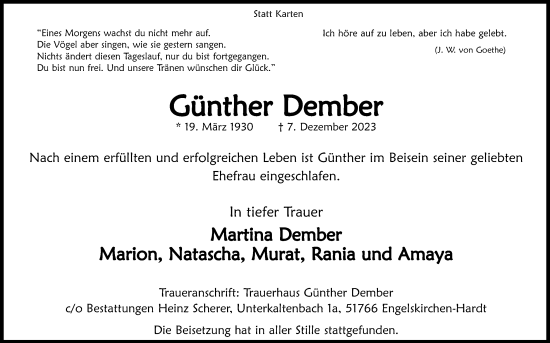 Anzeige von Günther Dember von Kölner Stadt-Anzeiger / Kölnische Rundschau / Express