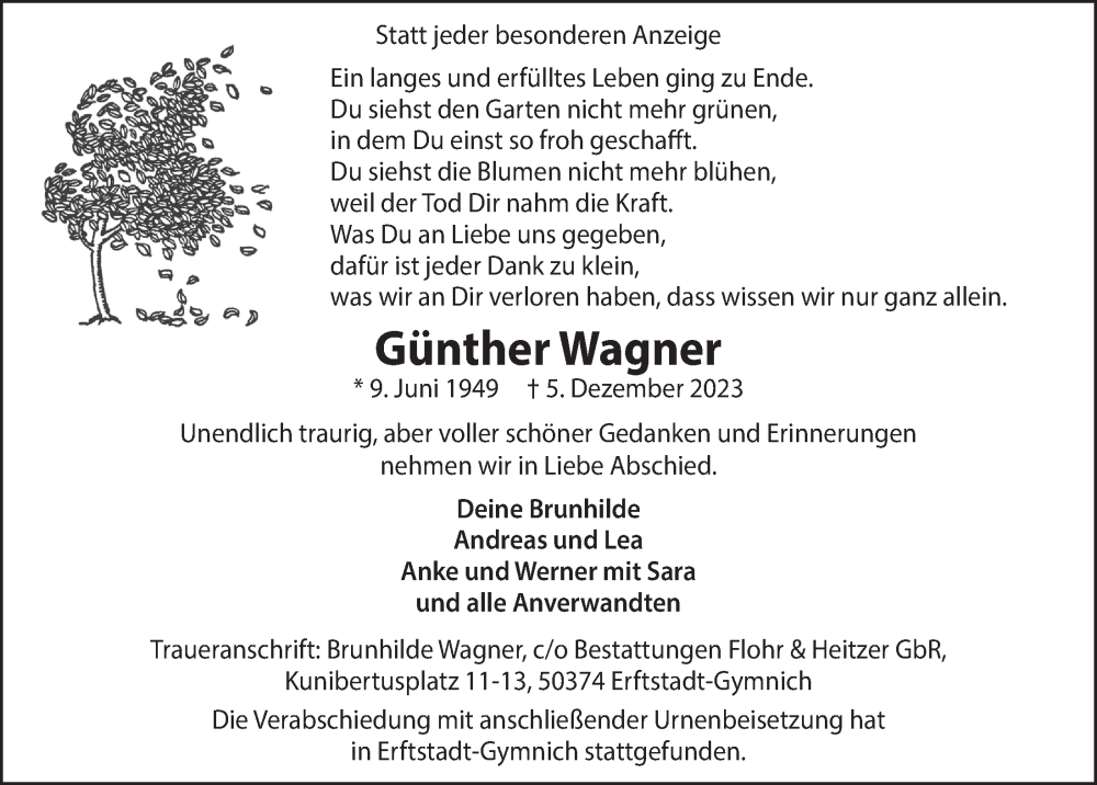  Traueranzeige für Günther Wagner vom 22.12.2023 aus  Werbepost 