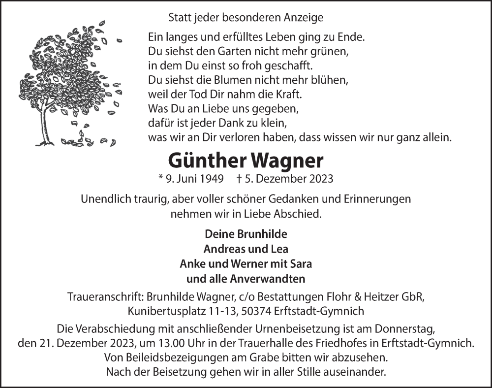  Traueranzeige für Günther Wagner vom 15.12.2023 aus  Werbepost 