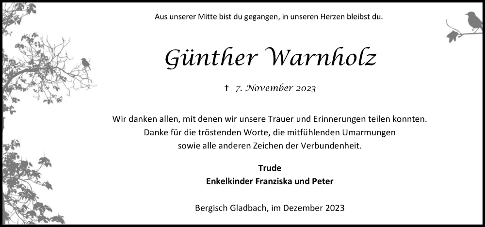  Traueranzeige für Günther Warnholz vom 23.12.2023 aus Kölner Stadt-Anzeiger / Kölnische Rundschau / Express