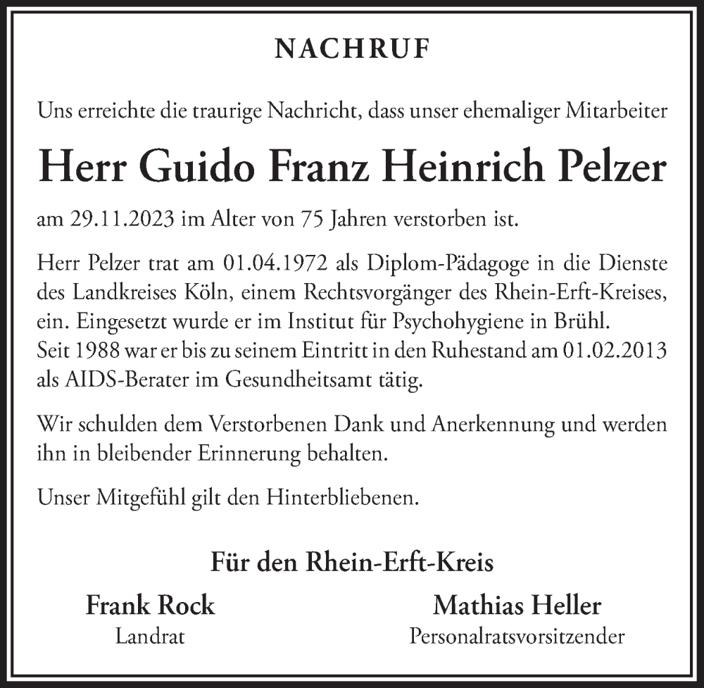  Traueranzeige für Guido Franz Heinrich Pelzer vom 22.12.2023 aus  Werbepost 