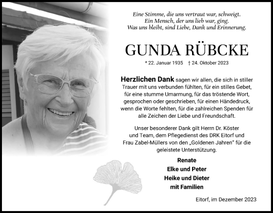 Anzeige von Gunda Rübecke von Kölner Stadt-Anzeiger / Kölnische Rundschau / Express