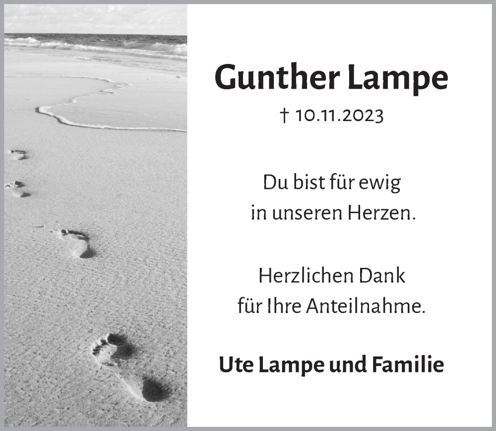  Traueranzeige für Gunther Lampe vom 15.12.2023 aus  Anzeigen Echo 